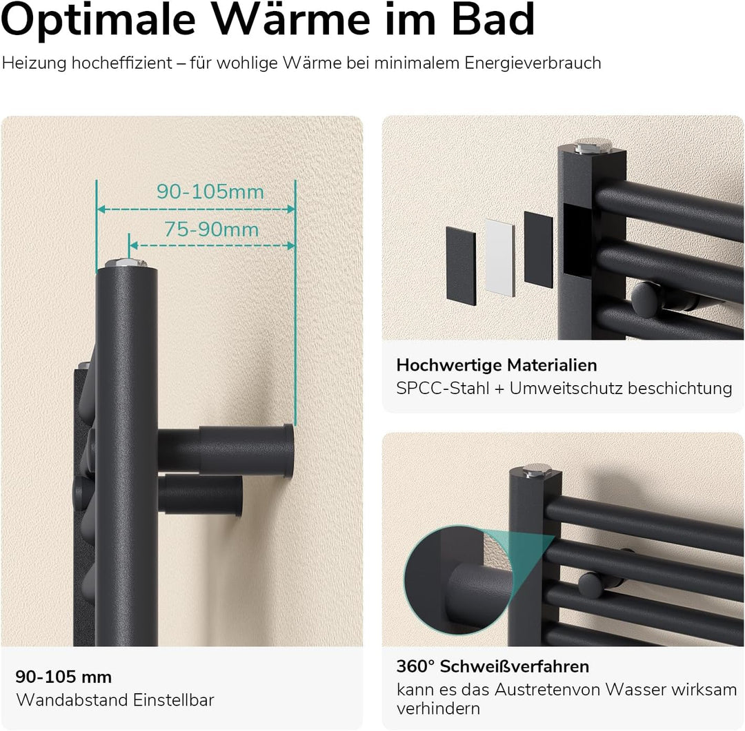 EMKE Badheizkörper Gerade 750x600 mm - Handtuchheizkörper mit Mittelanschluss, Effizienter Handtuchw