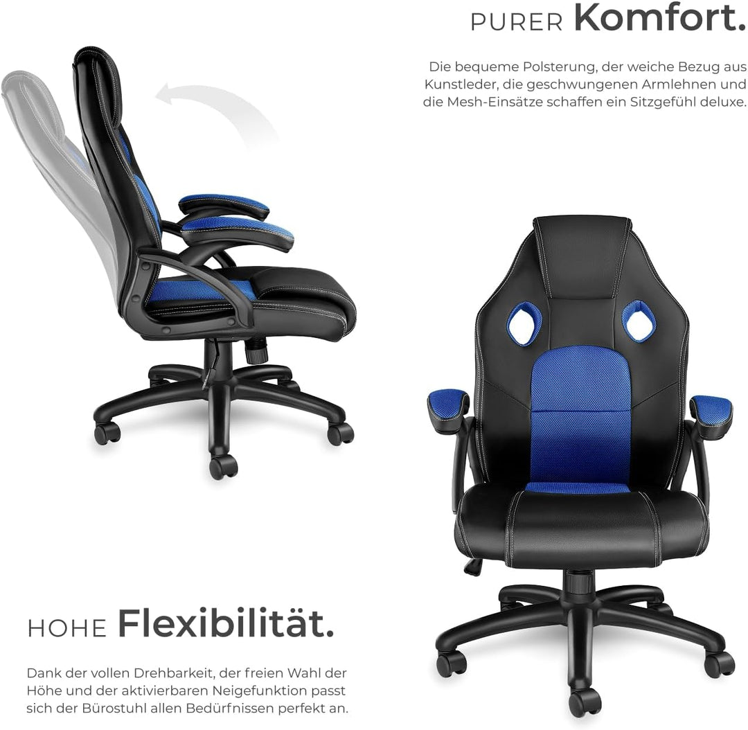 tectake® Racing Bürostuhl, Gaming Stuhl mit Wippfunktion, Chefsessel, Drehstuhl mit Rollen, höhenver