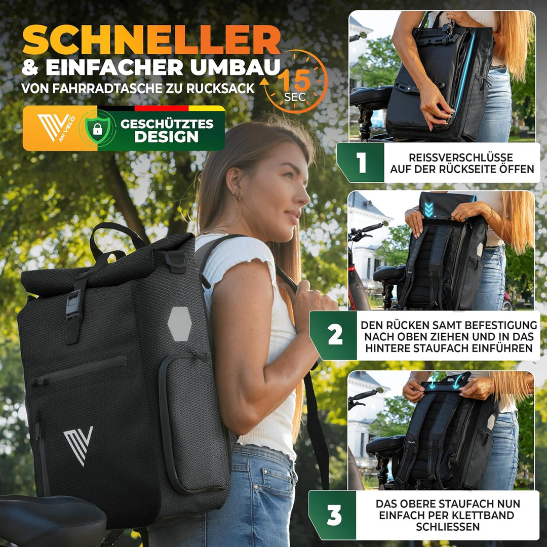MIVELO 3in1 Fahrradtasche für Gepäckträger I Rucksack &amp; Gepäckträgertasche hinten - in 15 Sekunden u
