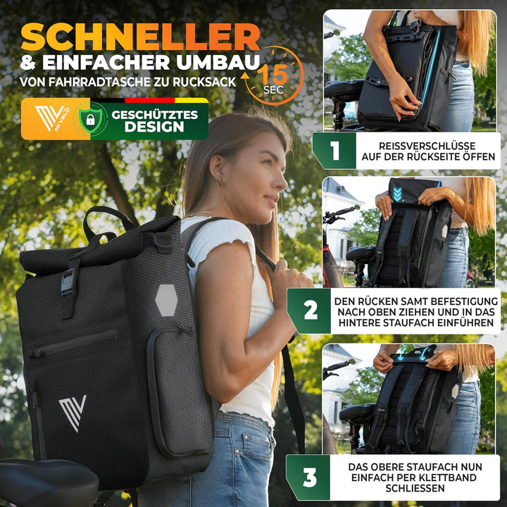 MIVELO 3in1 Fahrradtasche für Gepäckträger I Rucksack &amp; Gepäckträgertasche hinten - in 15 Sekunden u