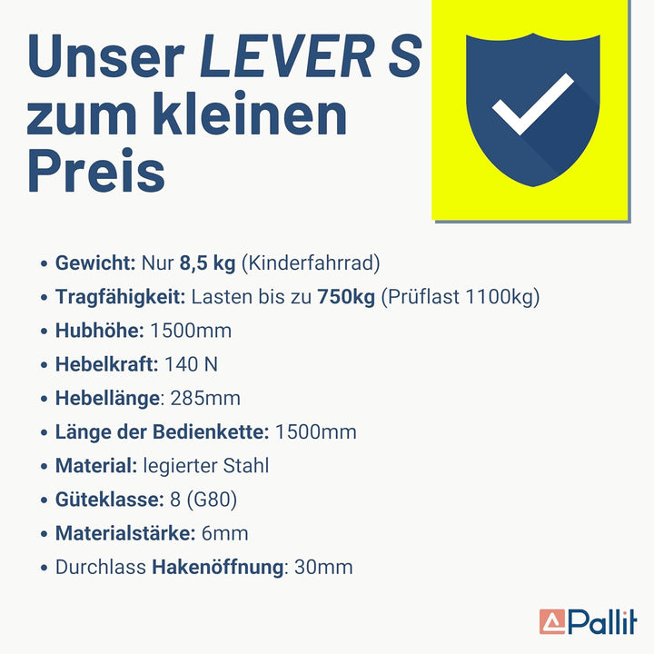 Pallit Hebelzug LEVER-S | 750 kg Tragkraft | 1,5 m Kettenlänge | strapazierfähige Lastbremse | Freil
