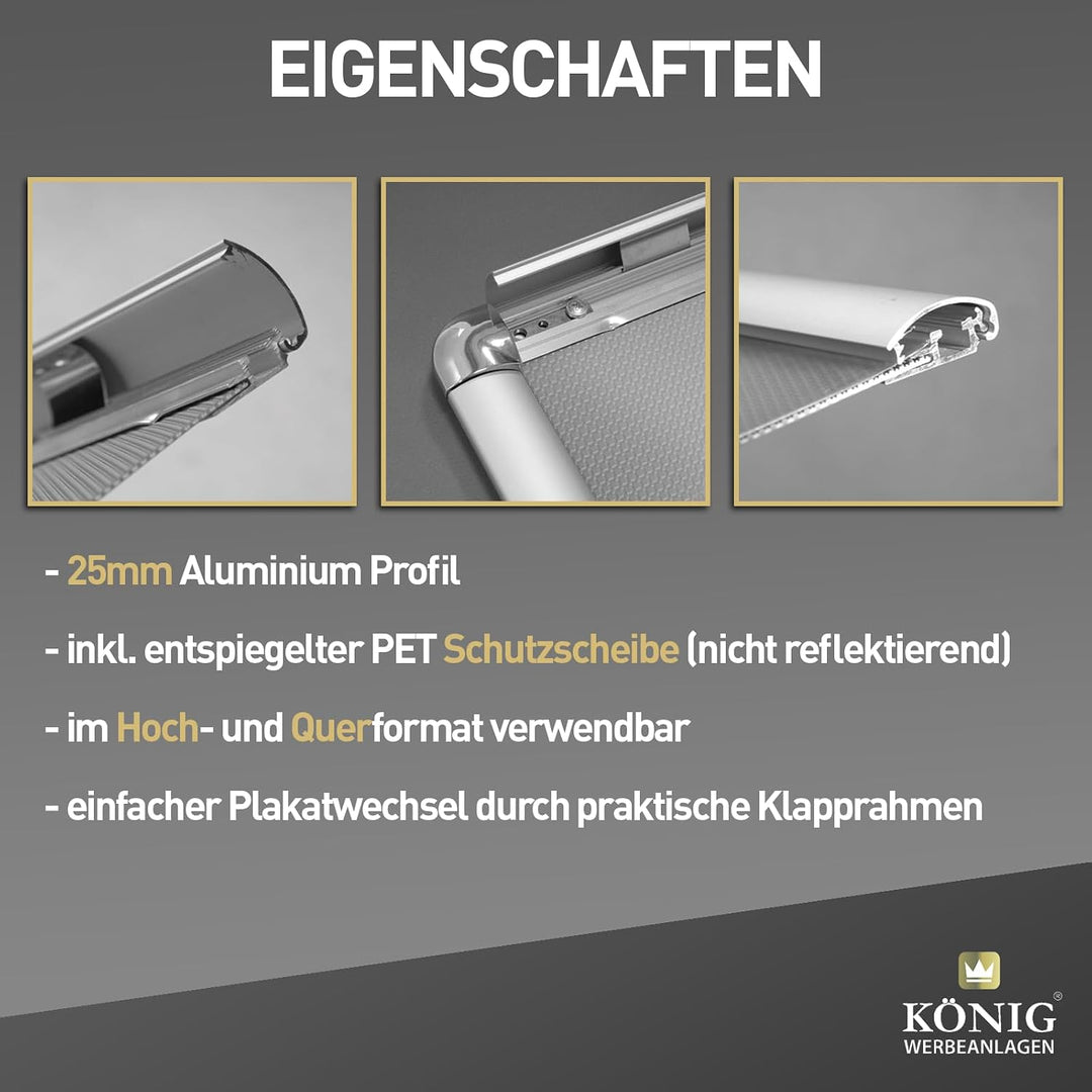 5 Plakatrahmen DIN A2 | abgerundete Ecken | 25mm Alu Profil, Silber | inkl. entspiegelter Schutzsche