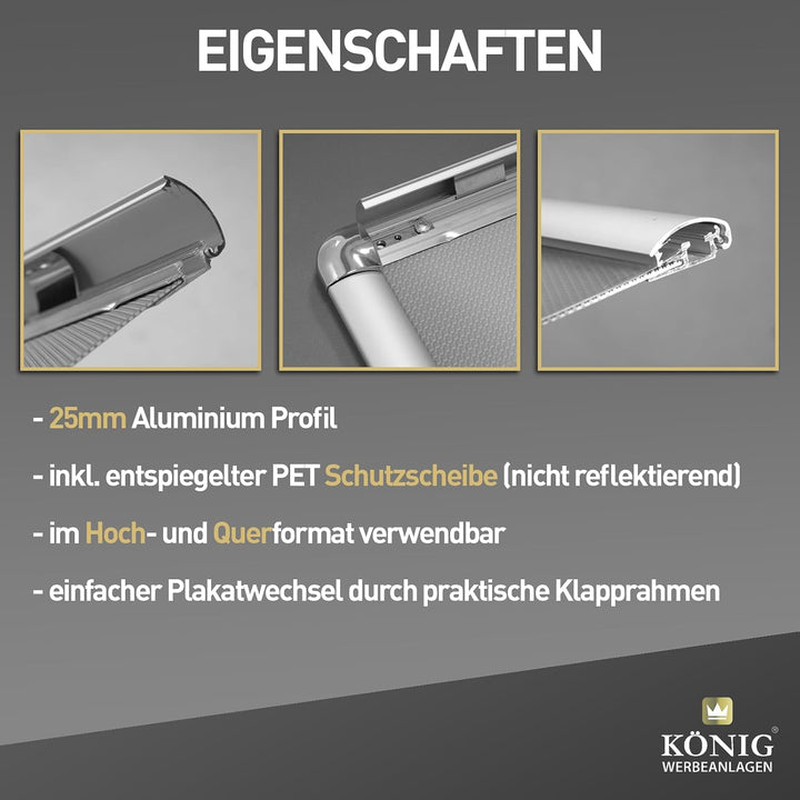 5 Plakatrahmen DIN A2 | abgerundete Ecken | 25mm Alu Profil, Silber | inkl. entspiegelter Schutzsche