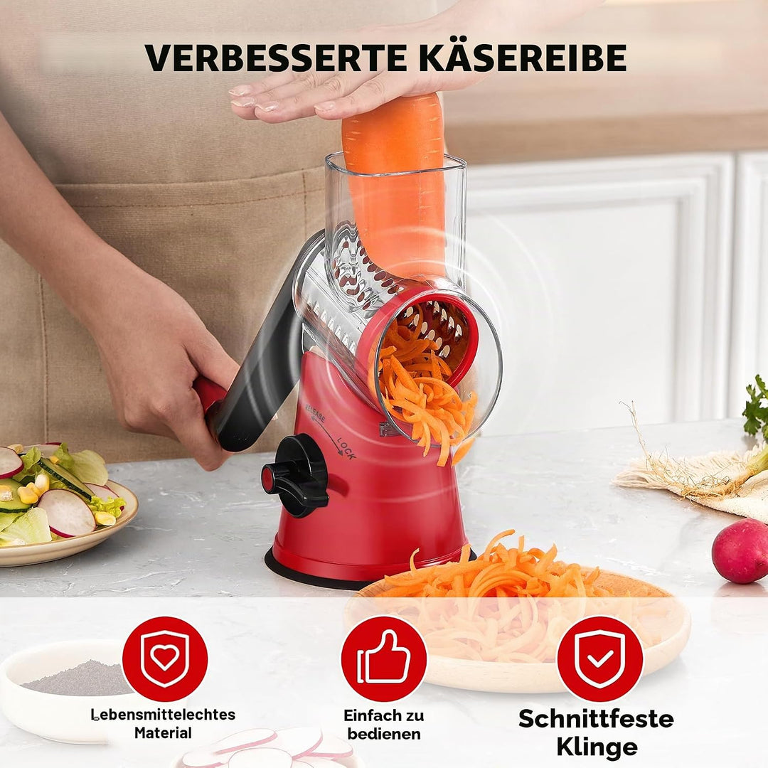 GDL Käsereibe, mit 6 Trommelblättern Gemüsehobel, Starker Saugfuss Gemüseschneider, Sicher und Stabi
