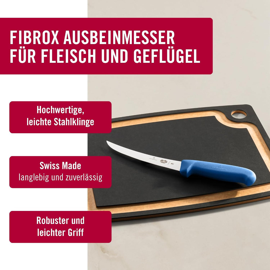 Victorinox Fibrox Ausbeinmesser, Scharfes Küchenmesser für Fleisch und Geflügel, 15 cm, Gebogene Kli