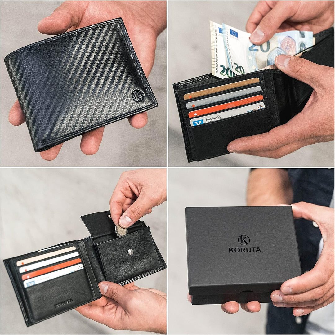 KORUTA® Geldbörse Herren Leder Carbon mit RFID Schutz I Echtleder Portemonnaie Gross I 13 Fächer I G