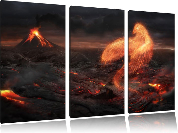 Pixxprint Brennender Phönix Vulkanlandschaft als Leinwandbild | Grösse: 3 Teilig (120x80) | Wandbild