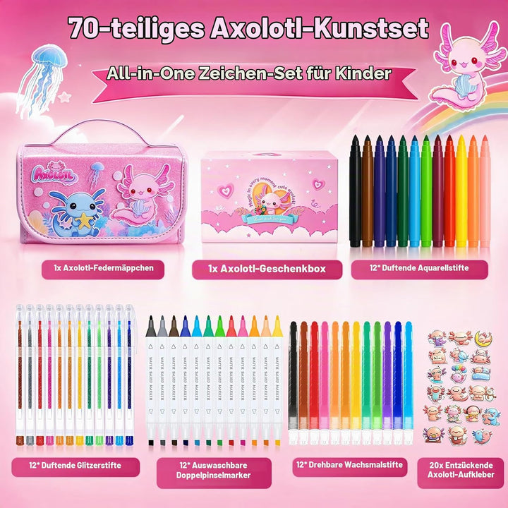JYPS Malset für Kinder mit Federmäppchen, 70 Stück Axolotl Waschbar Schreibset Set mit Filzstifte, G