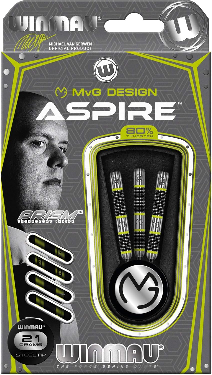 WINMAU Michael van Gerwen MvG Aspire Tungsten Steeltip Dart-Set mit Prismen-Flights und Nylon-Schäft