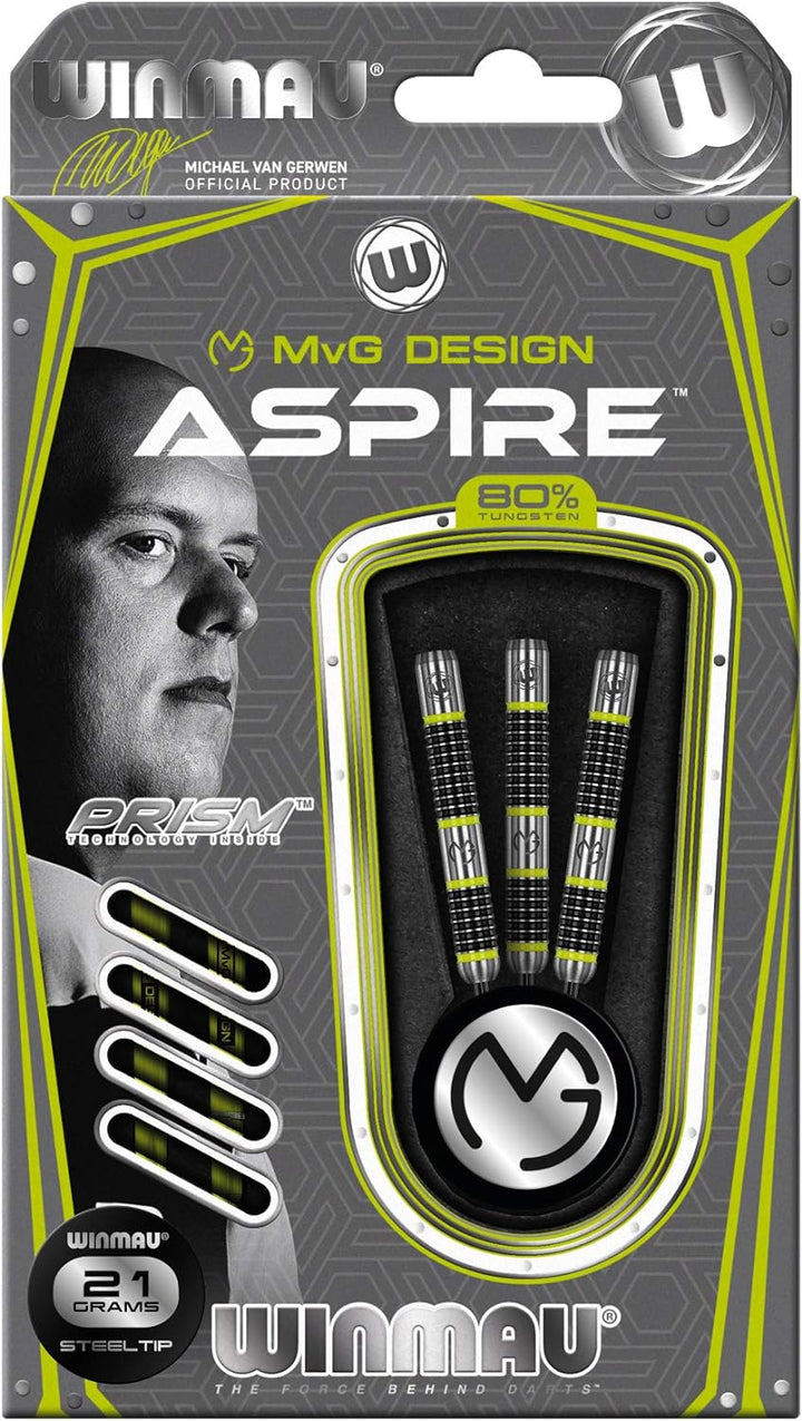 WINMAU Michael van Gerwen MvG Aspire Tungsten Steeltip Dart-Set mit Prismen-Flights und Nylon-Schäft