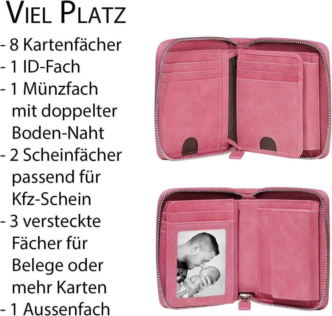 Damen Geldbörse pink, Oil-Wax-Leder, Reissverschluss, Münzfach, viele Fächer, RFID Schutz - Geldbörs