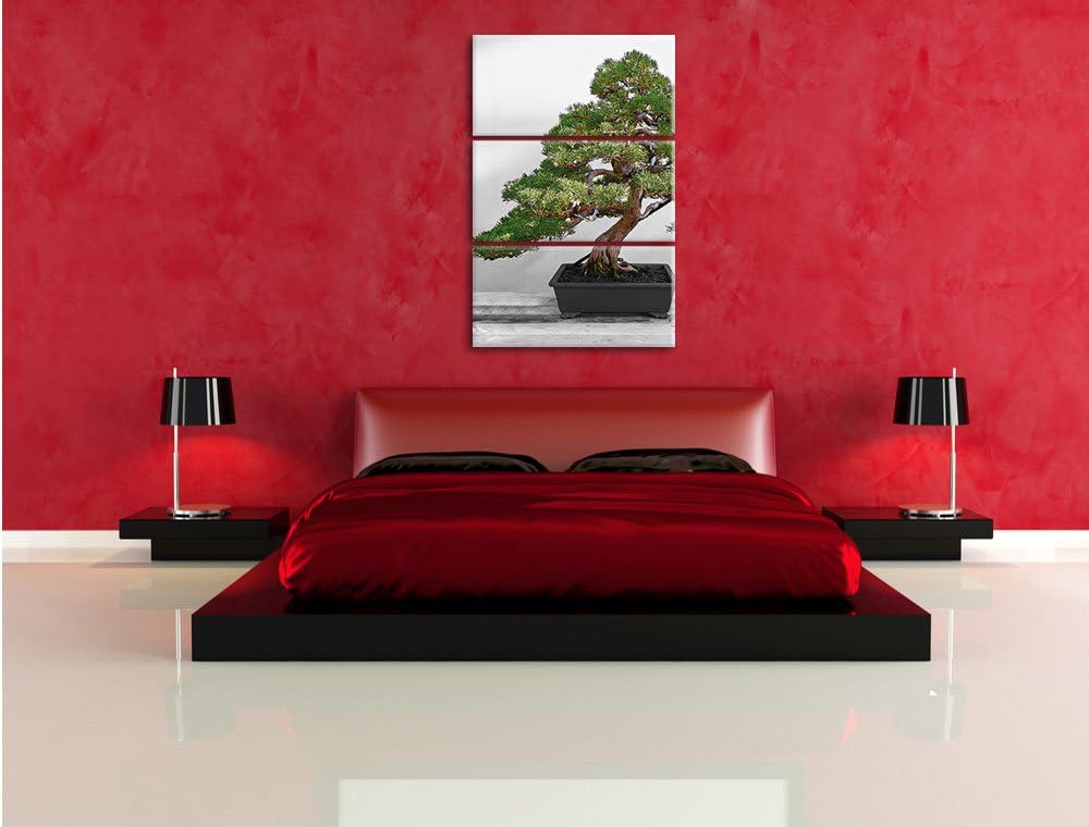 Pixxprint Bonsai Baum auf Holztisch als Leinwandbild | Grösse: 3 Teilig (120x80) | Wandbild| Kunstdr