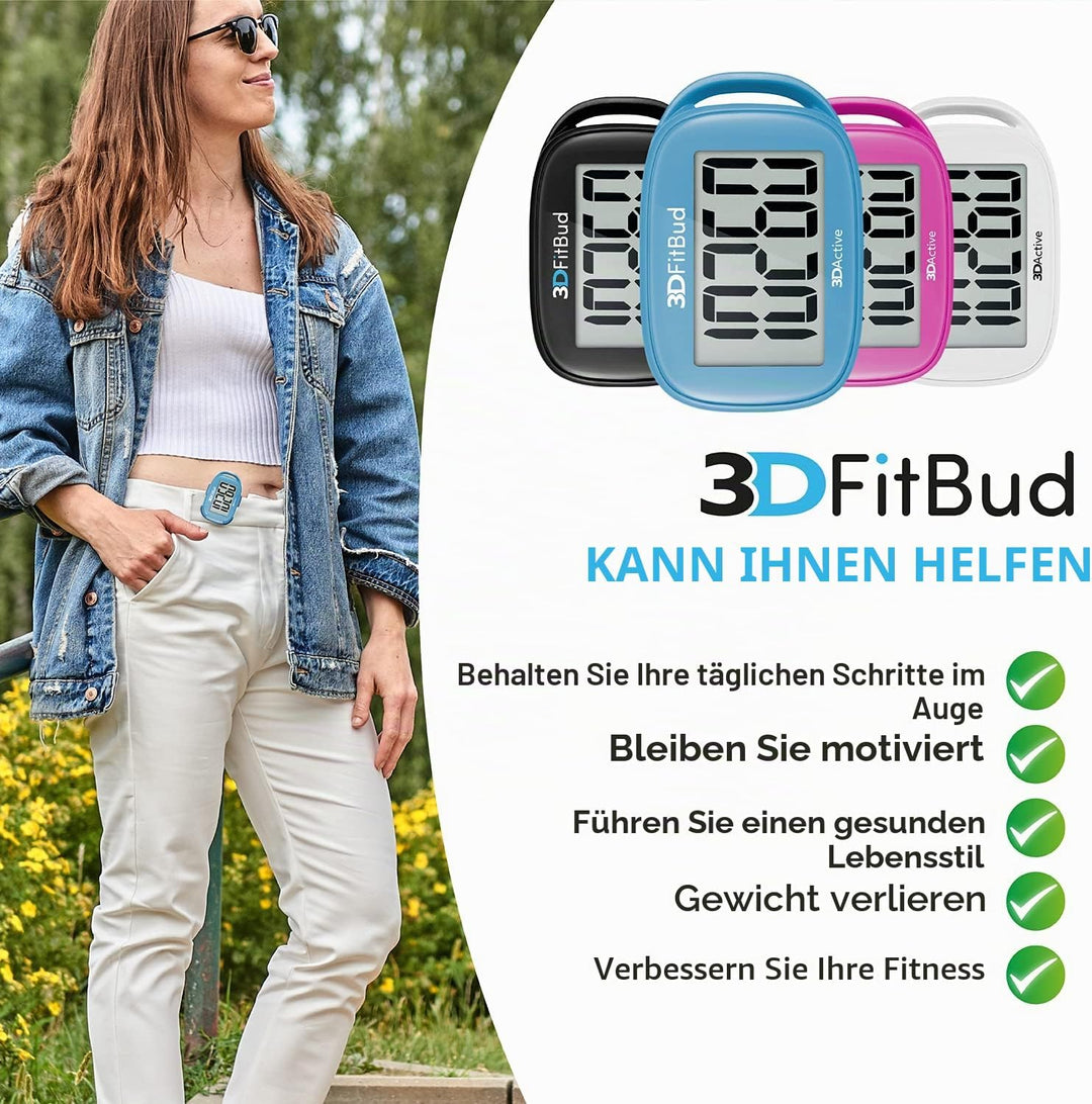 3DFitBud Einfacher Schrittzähler 3D von 3DActive mit Clip Lanyard Präziser Schrittzähler Grosses Dis