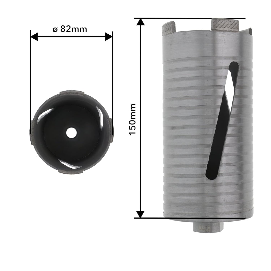 PRODIAMANT Diamant Bohrkrone ø 82mm Nutzlänge 150mm mit 6-Kant Adapter lasergeschweisst für trocken