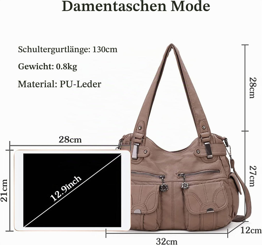 FANDARE Gross Schultertasche Damen Umhängetasche Frauen Vintage Schulranzen Wasserdicht PU Leder Wom