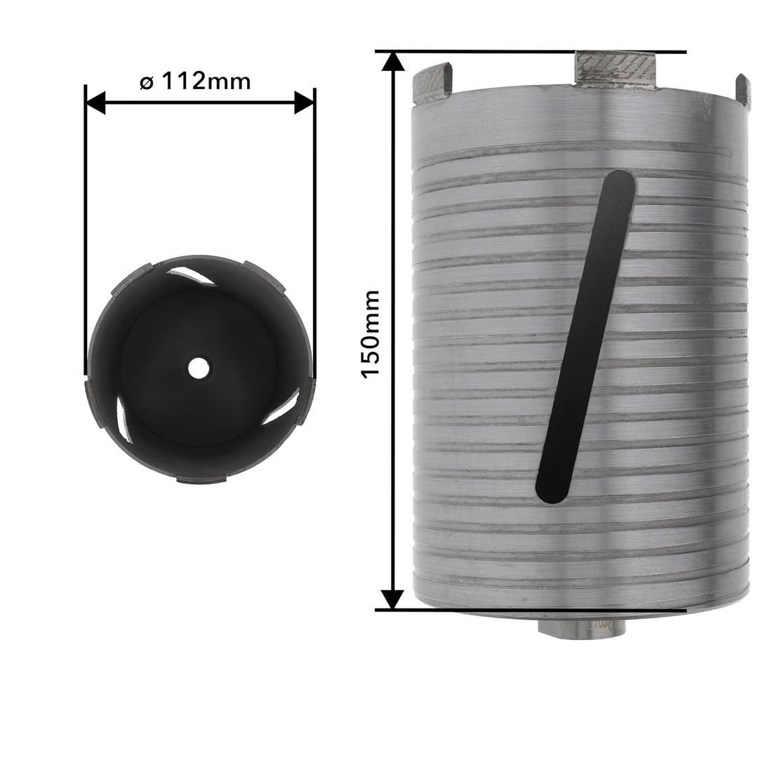 PRODIAMANT Diamant Bohrkrone ø 112mm Nutzlänge 150mm mit 6-Kant Adapter lasergeschweisst für trocken