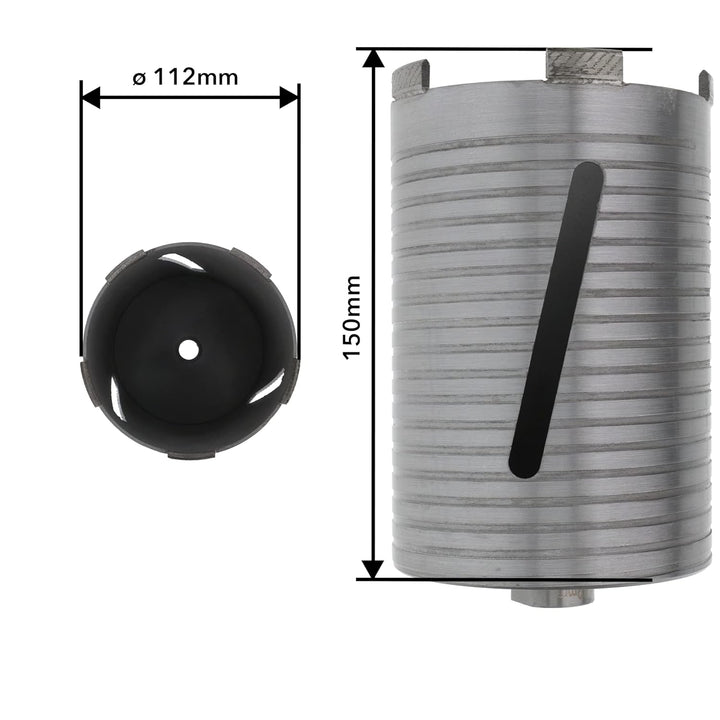 PRODIAMANT Diamant Bohrkrone ø 112mm Nutzlänge 150mm mit 6-Kant Adapter lasergeschweisst für trocken