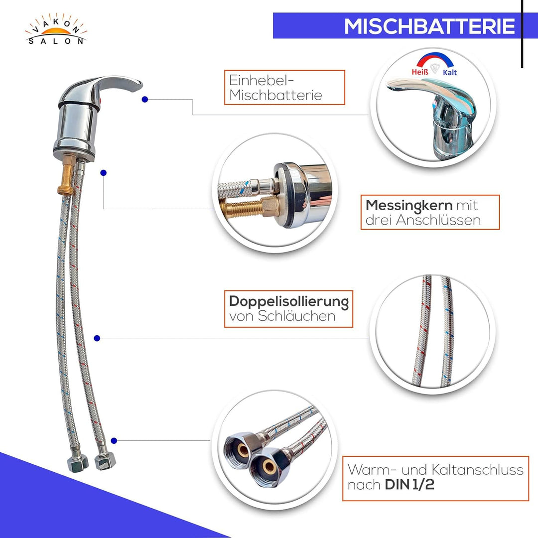 Einhebel Mischbatterie aus Messing für Waschbecken, Duschkopf Handbrause mit Schlauch, Friseurarmatu