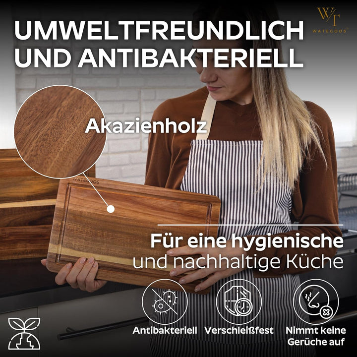 Schneidebrett aus Akazienholz mit Halter – 2 Holz Schneidebretter gross und klein – umweltfreundlich