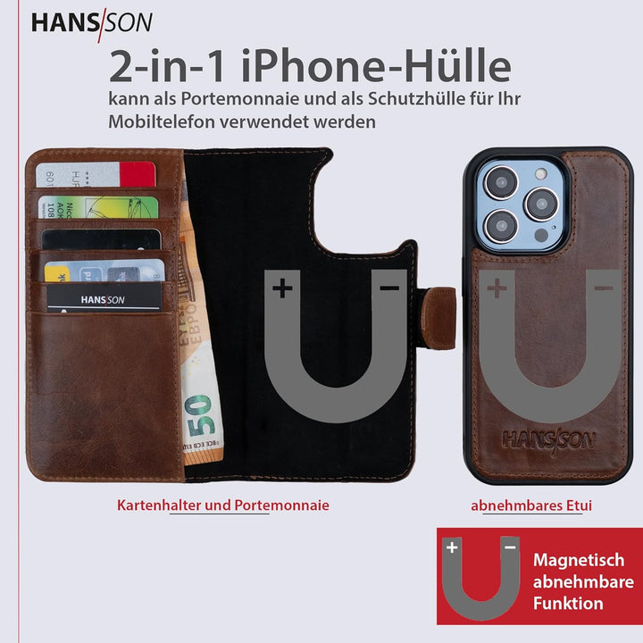 HANS/SON Klappbare Echtlederhülle in Cognac | iPhone 14 Pro Max Ledercase mit Kartenfächern | Lederh