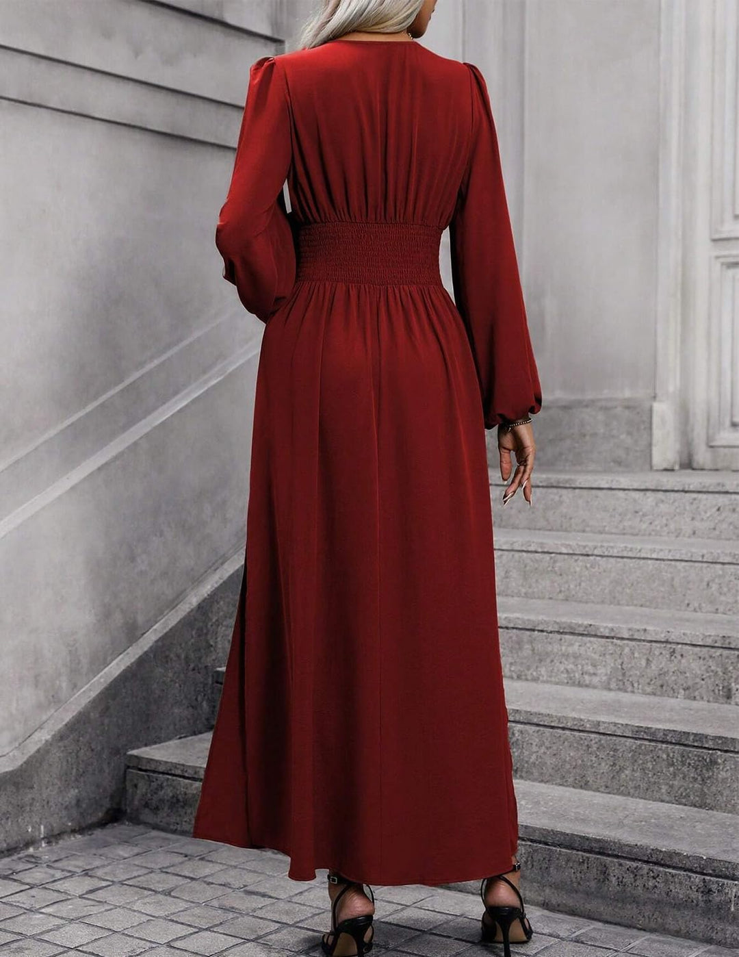 Damen Kleid 2.0 Elegant Langarm V-Ausschnit Tunika Maxikleider Casual Hohe Taille Saumschlitz Cockta