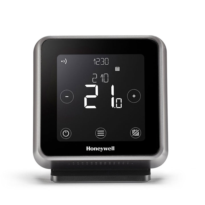 Honeywell Home T6R Wi-Fi Raumthermostat mit Tischhalter, Netzteil und Funk-Empfängerbox, schwarz, Y6