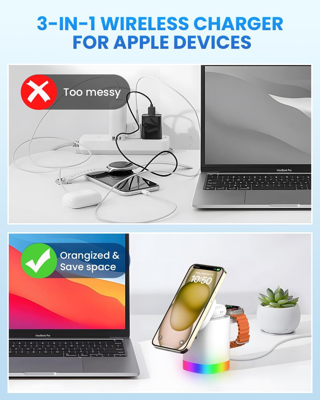 JoyGeek Ladegerät mit 4 RBG Nachtlicht, Faltbar 3 in 1 Kabellose Ladestation für iPhone Air/17/16/15