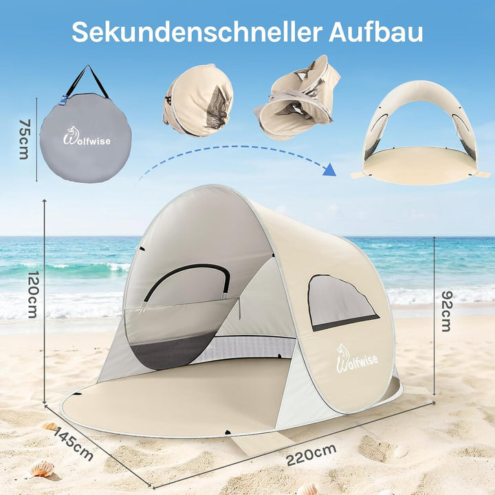 Wolfwise Pop Up Strandmuschel für 3-4 Personen, Sofort Aufbau, UV-Schutz 50+, Wasserabweisend, Belüf