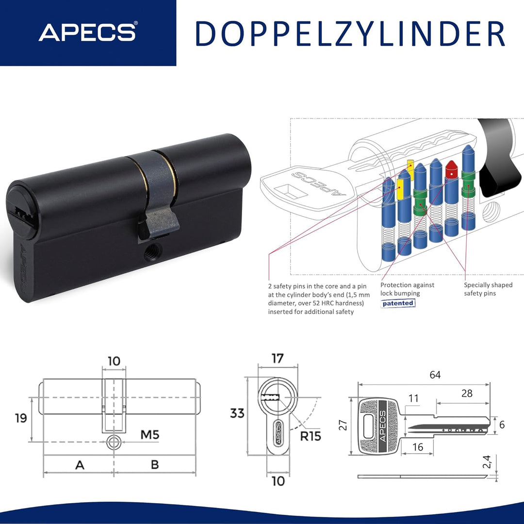 APECS Zylinderschloss Profilzylinder Schwarz 65 (30/35) mm fur Türschloss Haustür mit 5 Schlüsseln M