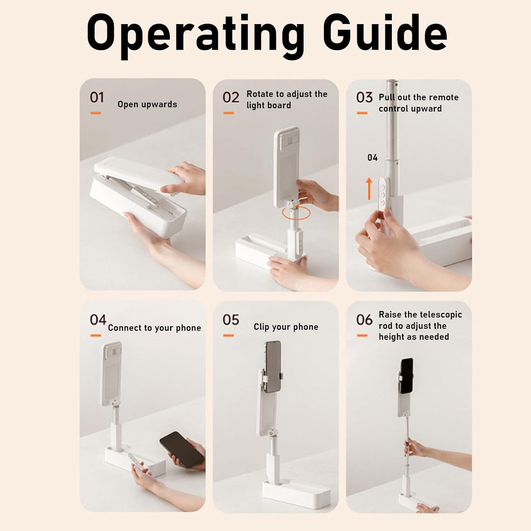 Ausziehbarer Selfie Ständer, mit LED Licht mit 5 Helligkeiten, um 360° Drehbarer, Wiederaufladbarer
