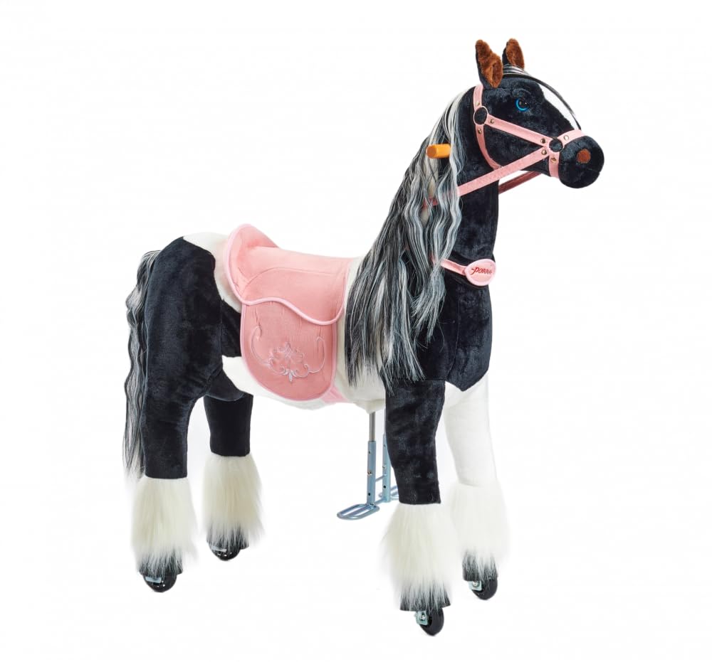 PONNIE Reitpferd mit Rollen Domino M (5-12 Jahre), Spielpferd zum Reiten mit Abnehmbarer Rosa Sattel