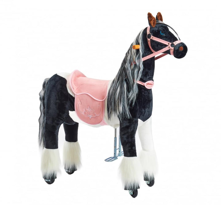PONNIE Reitpferd mit Rollen Domino M (5-12 Jahre), Spielpferd zum Reiten mit Abnehmbarer Rosa Sattel