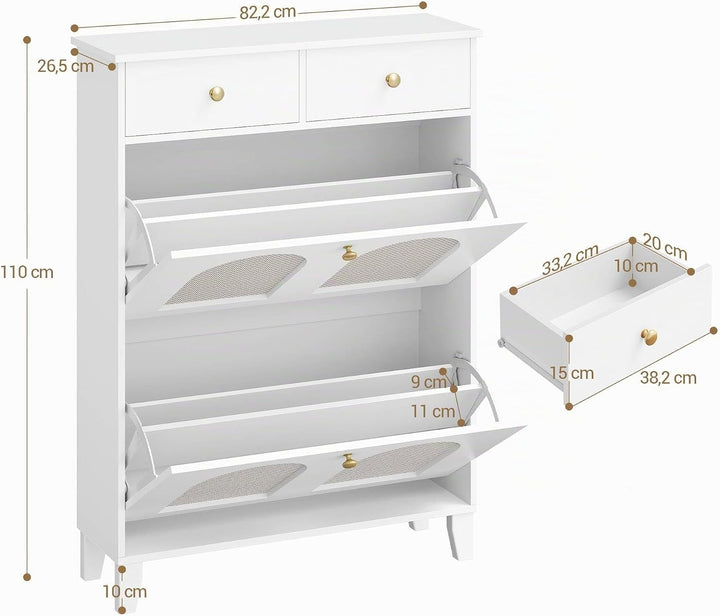Hzuaneri Schuhschrank mit 2 Klappen, Grosser Rattan Schuhschrank Schmal Holz, Trennwand Verstellbar,