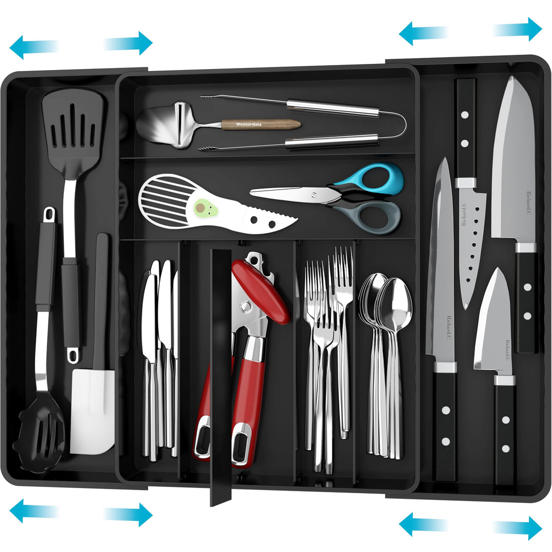 Simple Houseware Erweiterbarer Besteck-Organizer für Küchenschubladen, Schwarz, Schwarz