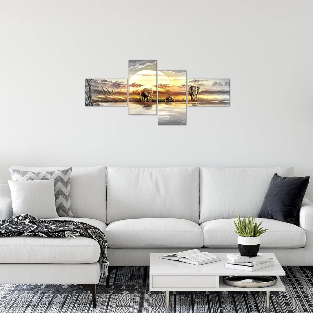 Runa Art Bild Modern Afrika Elefant - Made in Germany - Wandbilder Landschaft Grau Gelb 4 Teilig 000