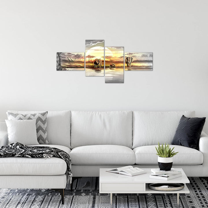 Runa Art Bild Modern Afrika Elefant - Made in Germany - Wandbilder Landschaft Grau Gelb 4 Teilig 000