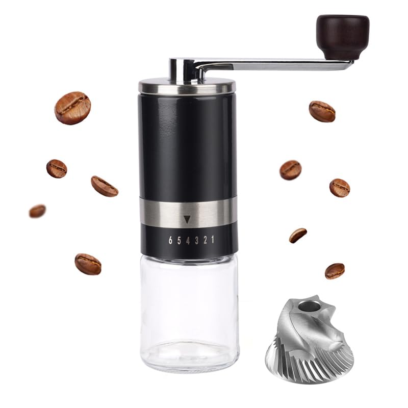 BRAVECOW Tragbare kaffeemühle manuell,Kegelmahlwerk aus Edelstahl kaffee mühle mit 6 einstellbaren S