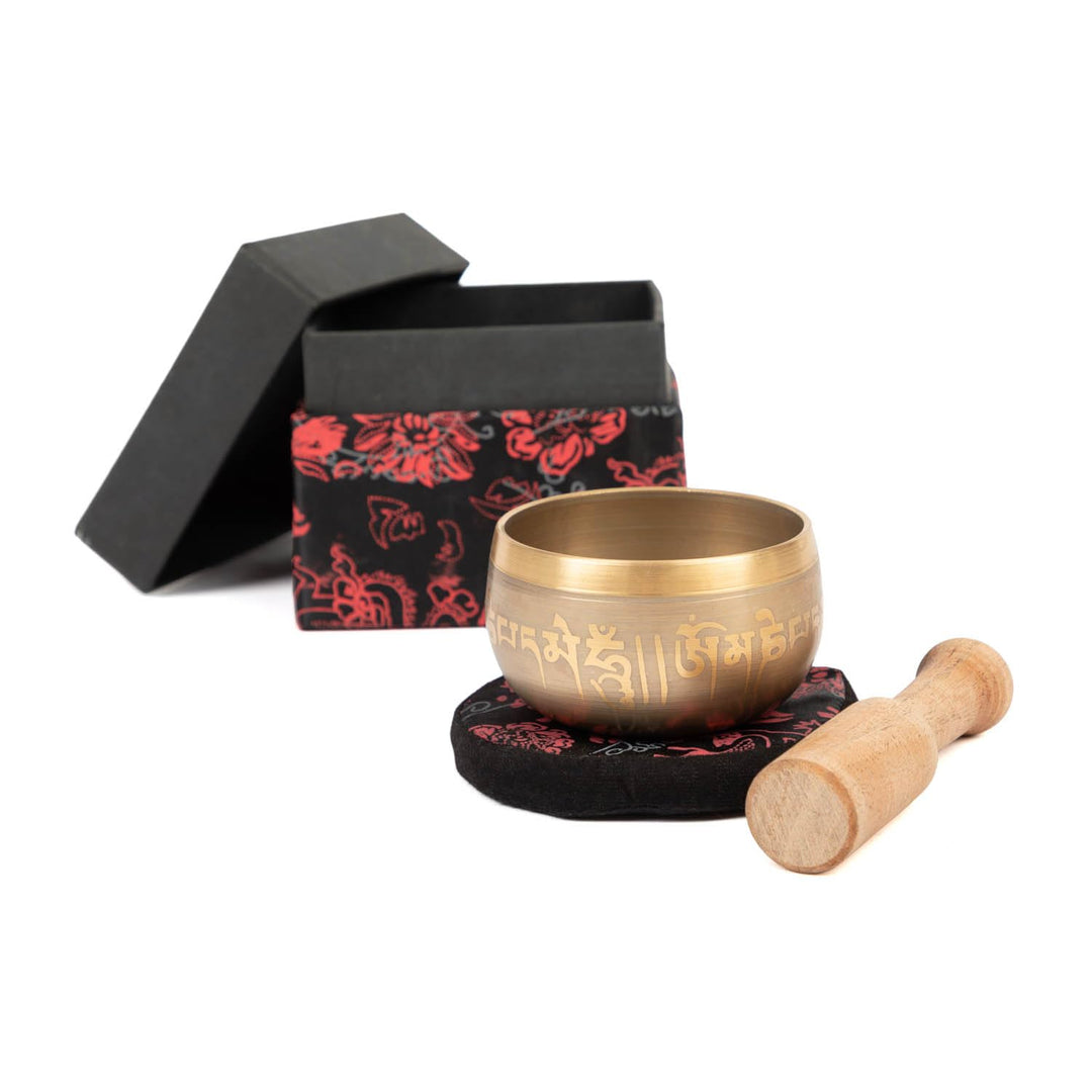 Indische Klangschalen mit Schriftzeichen-Verzierung und Geschenkbox | Singing Bowl Ø 8cm | Klangther