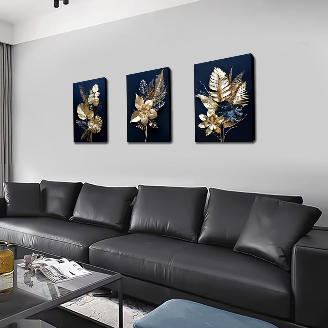 3 Panels 3D Marineblaue Goldblumen Mit Rahmen Leinwand Bilder Monstera Kokosnuss Blätter Bild auf Le