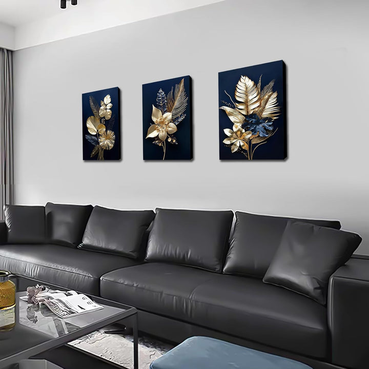 3 Panels 3D Marineblaue Goldblumen Mit Rahmen Leinwand Bilder Monstera Kokosnuss Blätter Bild auf Le