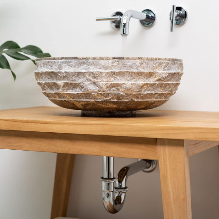 WOHNFREUDEN Marmor Waschbecken grau rund 40 cm - Aufsatz-Hand-Waschbecken Naturstein-Waschschale