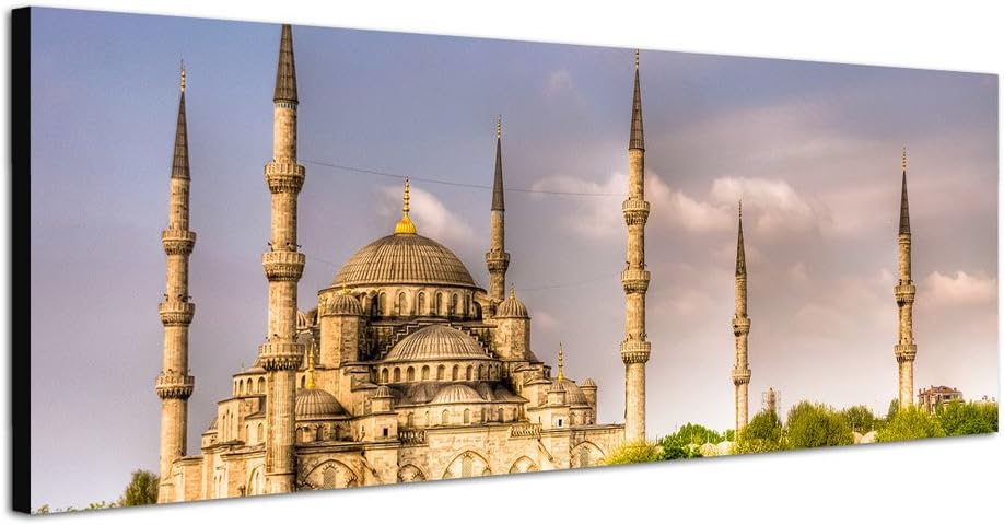 Paul Sinus Art Panoramabild auf Leinwand und Keilrahmen 120x40cm Blaue Moschee Bäume Wolkenhimmel