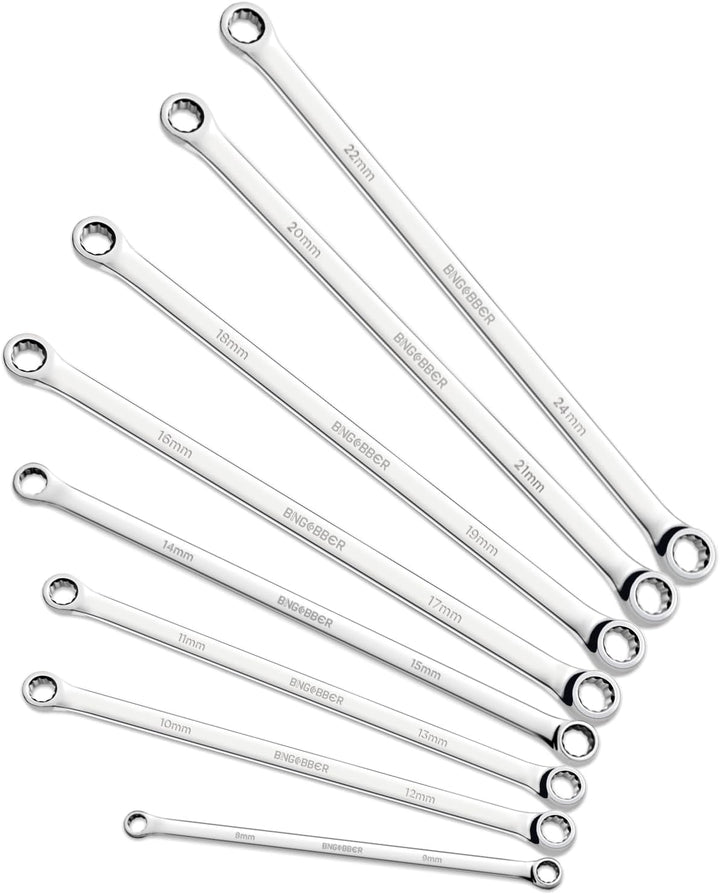 Doppel Ringschlüssel Satz,8-tlg Extra langer Schraubenschlüssel Ringschlüssel set, CV-Stahl 8mm-24mm