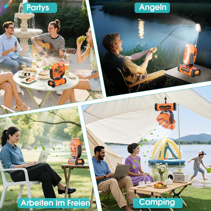 Camping Ventilator 20000mAh, Wiederaufladbarer Tischventilator USB Ventilator mit LED Licht &amp; Haken,