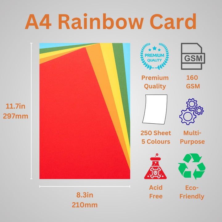 Hawksbill Card + Craft A4 160 g/m² Bright Rainbow Coloured Karton (Packung mit 250 Blatt) sortiert f