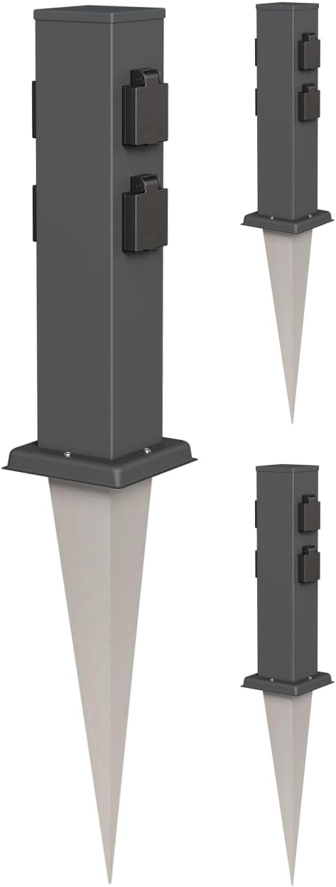ledscom.de 3X Garten-Steckdosen-Säule Polly mit Erdspiess für aussen, IP44, 4-Fach, anthrazit, eckig