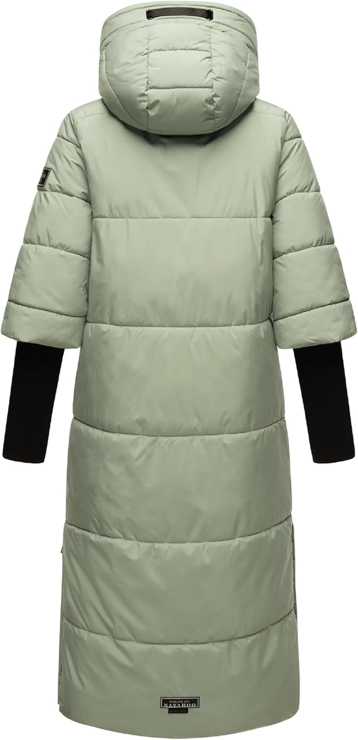 Navahoo Damen Langer Wintermantel Warmer Steppmantel mit Kapuze und Rippstrickärmeln Ciao MIAU XIV X