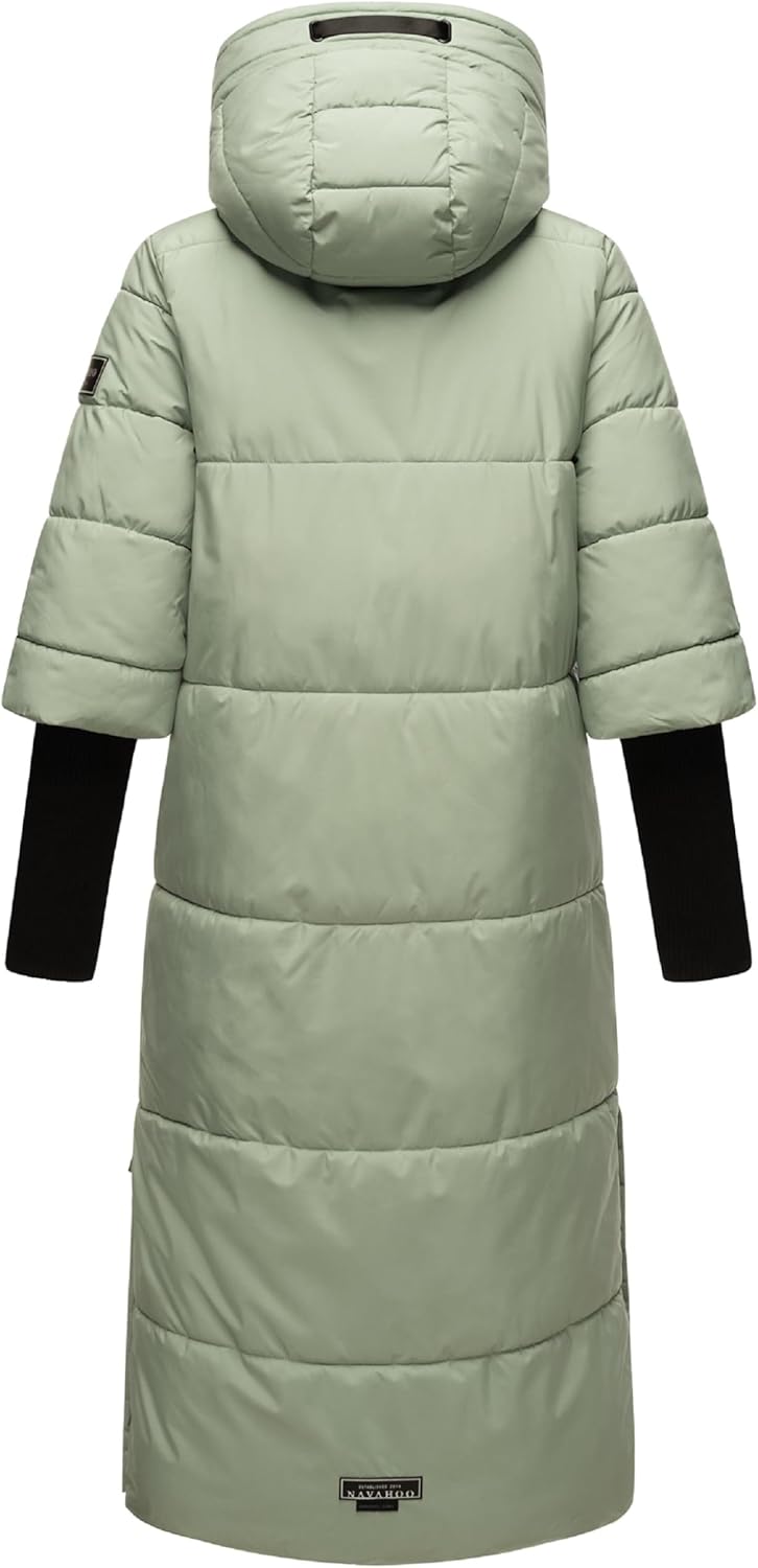 Navahoo Damen Langer Wintermantel Warmer Steppmantel mit Kapuze und Rippstrickärmeln Ciao MIAU XIV X