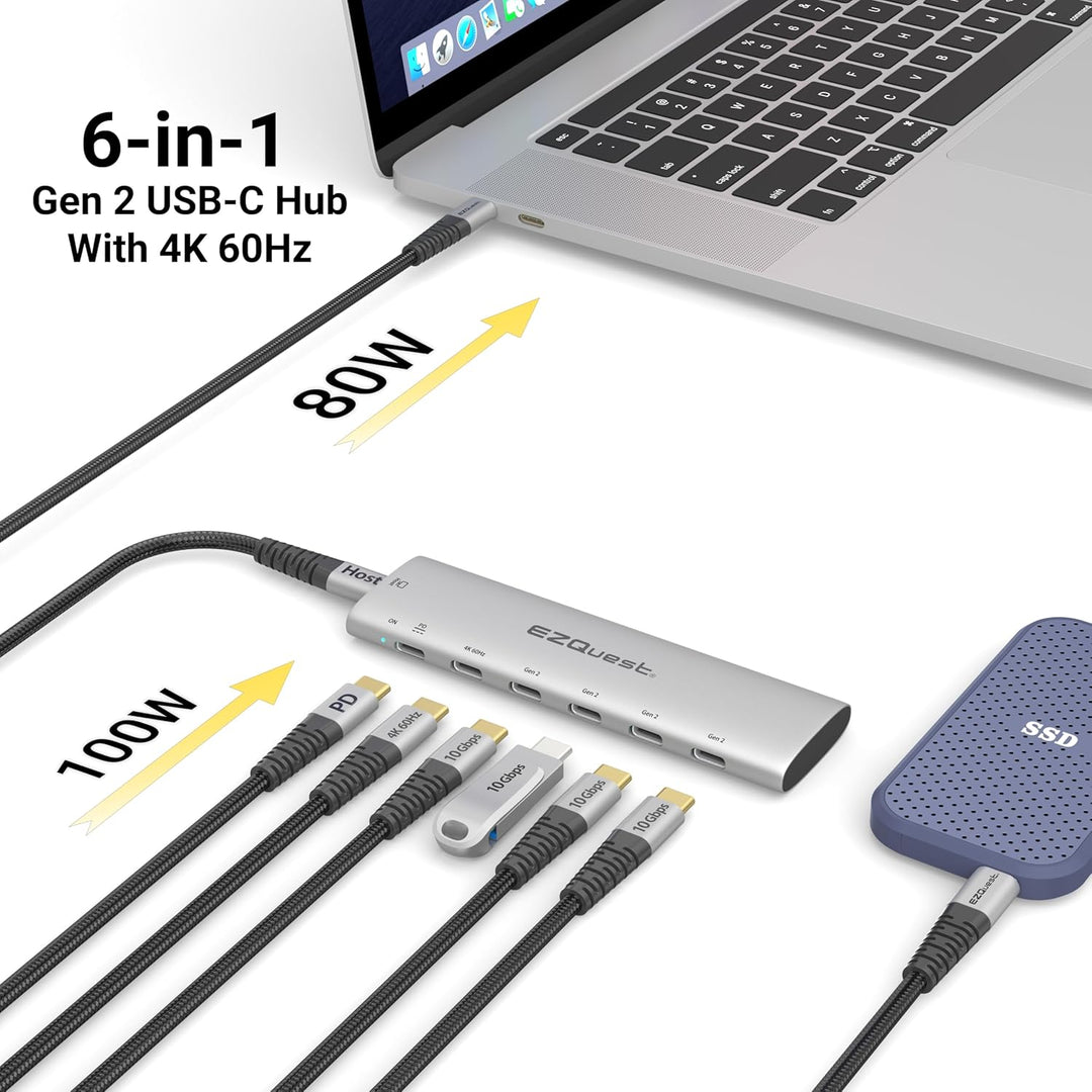 USB-C Slim Gen 2 Hub Adapter 6-in-1 1 USB-C 4K/60Hz Video, 4 USB-C Gen 2 10 Gbit/s und 1 USB-C Power
