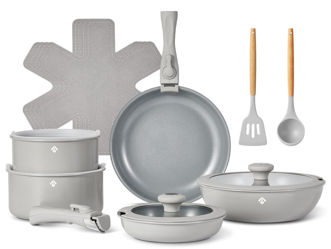 BEZIA 17-Teilig Topfset mit Abnehmbarer Griff, Pfannenset mit Keramik Antihaft Beschichtet, Induktio